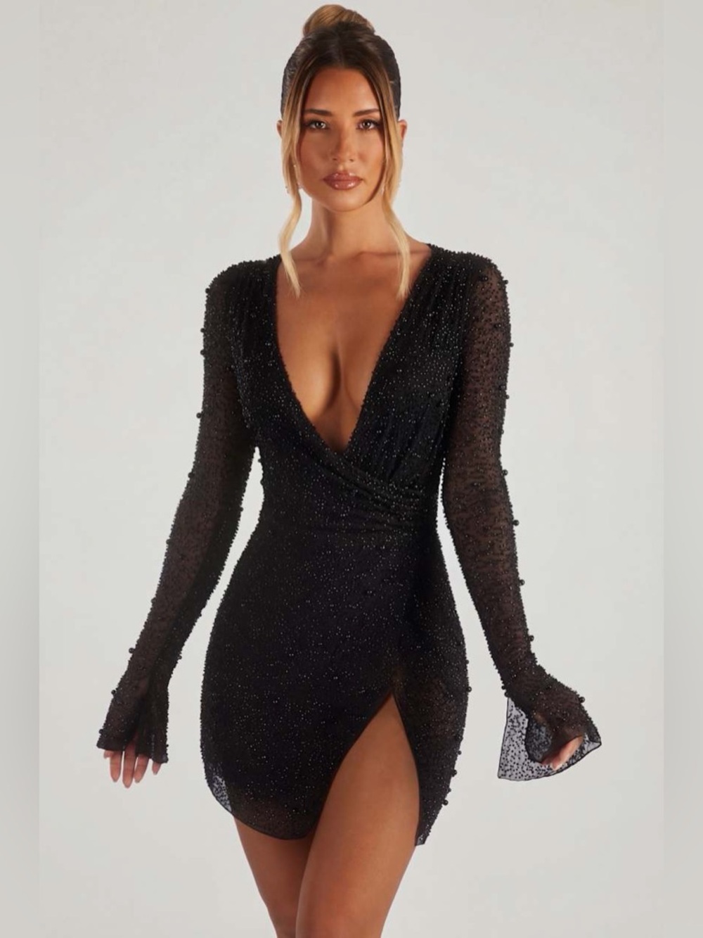Oh Polly Chelsea Black Embellished Wrap Over A-Line Mini Dress Size 4 NEW Sexy